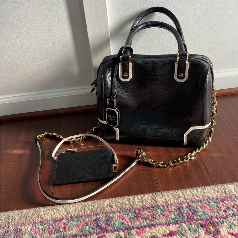RARE Alice and Olivia Black and White Leather Purse W/ Coin Purse and Gold Chain